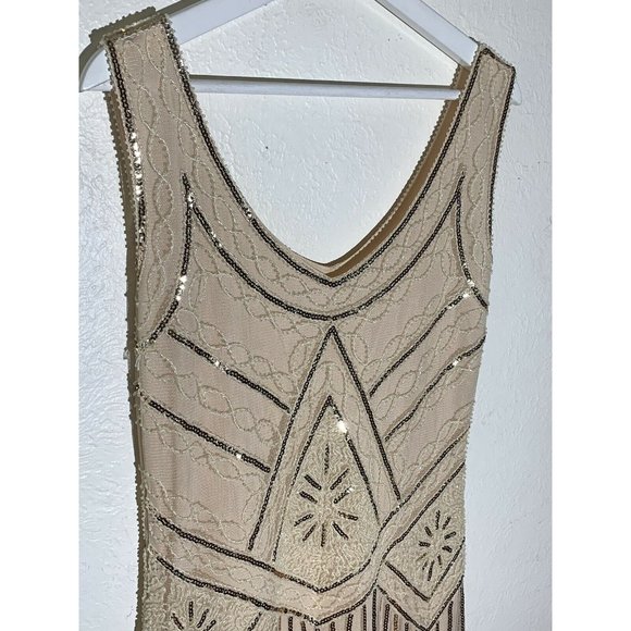 Womens Flapper Dress M Sequin Beige Beaded Sleeveless Back Zip Bottom Fringe - Picture 3 of 6